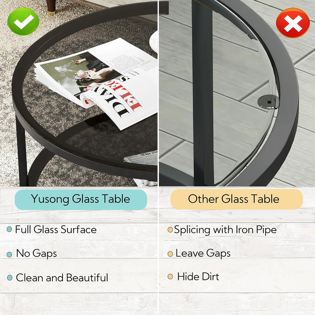 Yusong Round Glass Coffee Tables for Living Room, 2-Tier Circle Coffee Table with Storage, 26" Modern Center Accent Table with Light Black Glass, Small End Table for Small Space, Bedroom
