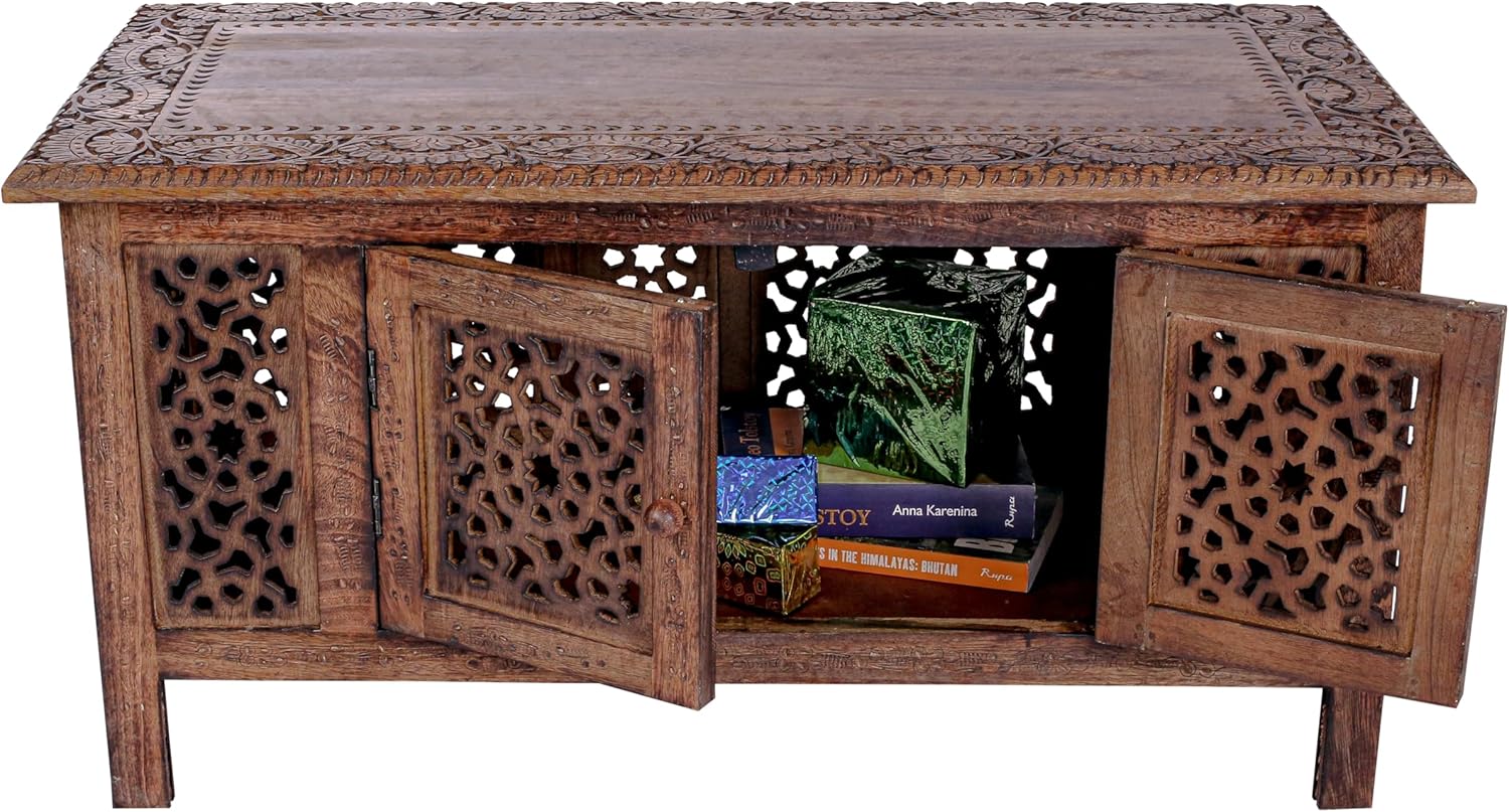 Hand-Carved Wooden Coffee Table – 36” x 18” Rectangular Mango Wood Center Table with Storage, Natural Burnt Finish, Living Room & Accent Table