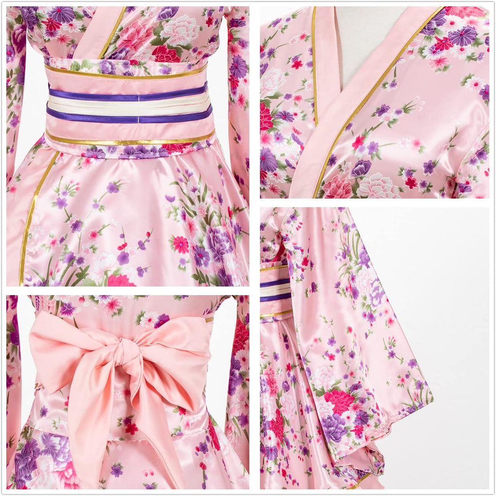 Japanese Anime Women's Dance Kimono Robe Fancy Dress Hand Held Silk Folding Fans Tabi Hairstick Socks Set