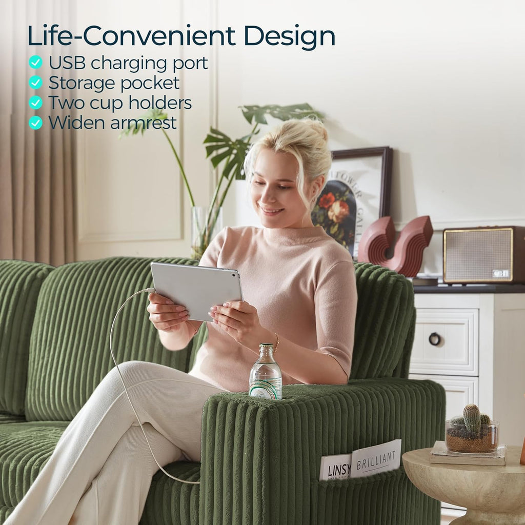 LINSY HOME Sectional Sleeper Sofa with Pull Out Couch Bed - Convertible Plush Corduroy Cloud Couch with Storage Chaise & USB Charging, Comfy Modular Couches for Living Room, Green