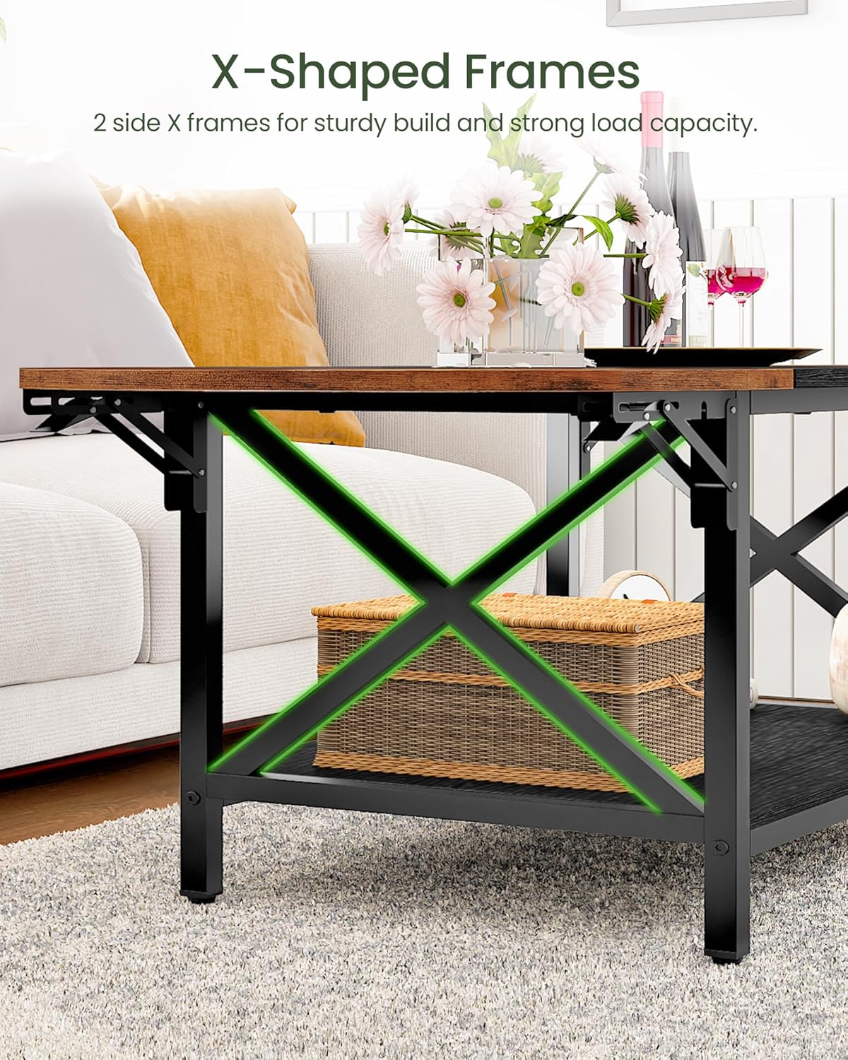 47.2" Folding Coffee Table, 2-Tier Extendable Coffee Table, Vintage Center Table with 2 Drop Leaves, with Storage Shelf, for Living Room, Bedroom, Balcony, Rustic Brown and Black TKF02BF