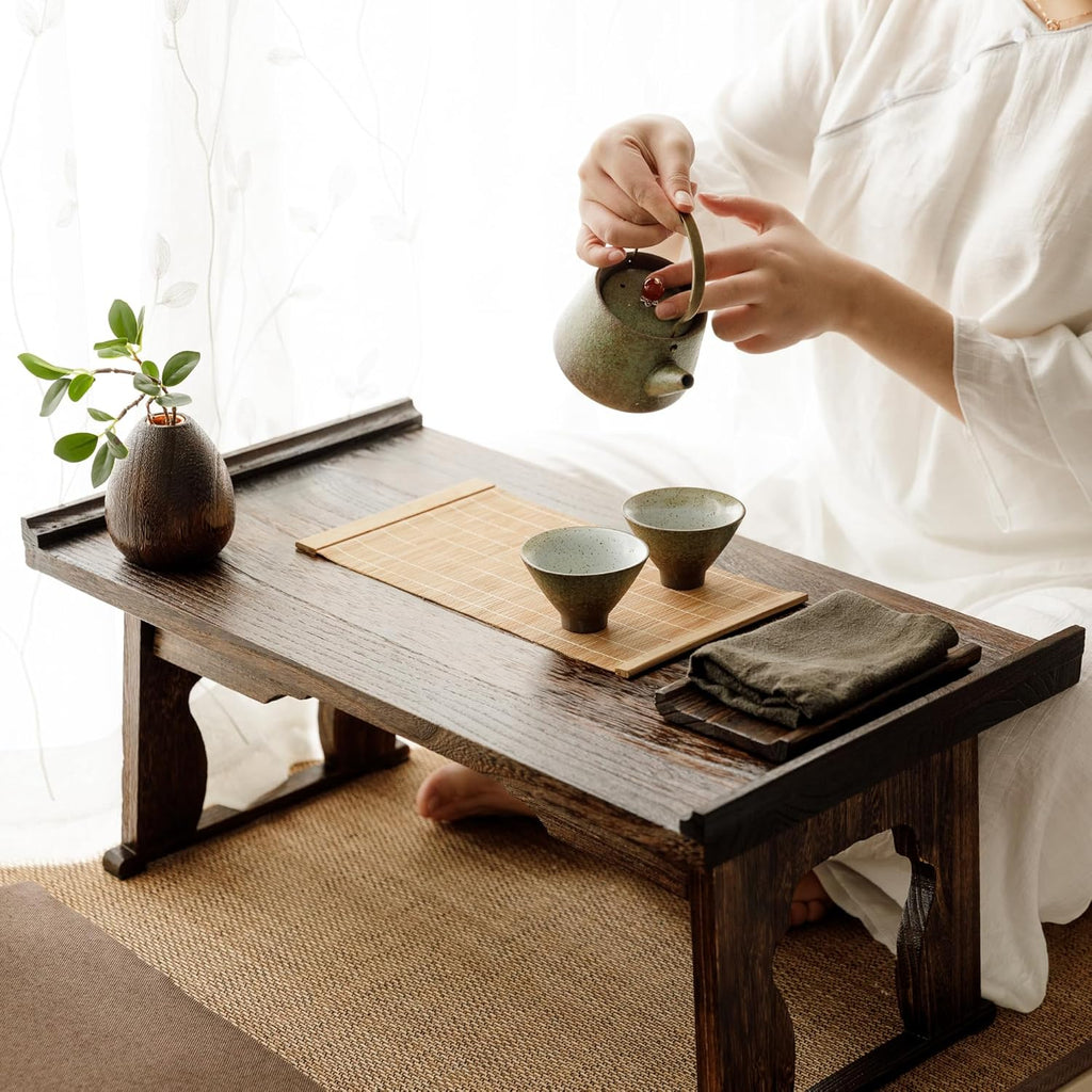 Japanese Wood Floor Table with Foldable Legs - Coffee Tables for Living Room, Bed Desk Tray,Meditation Altar, Laptop Desk