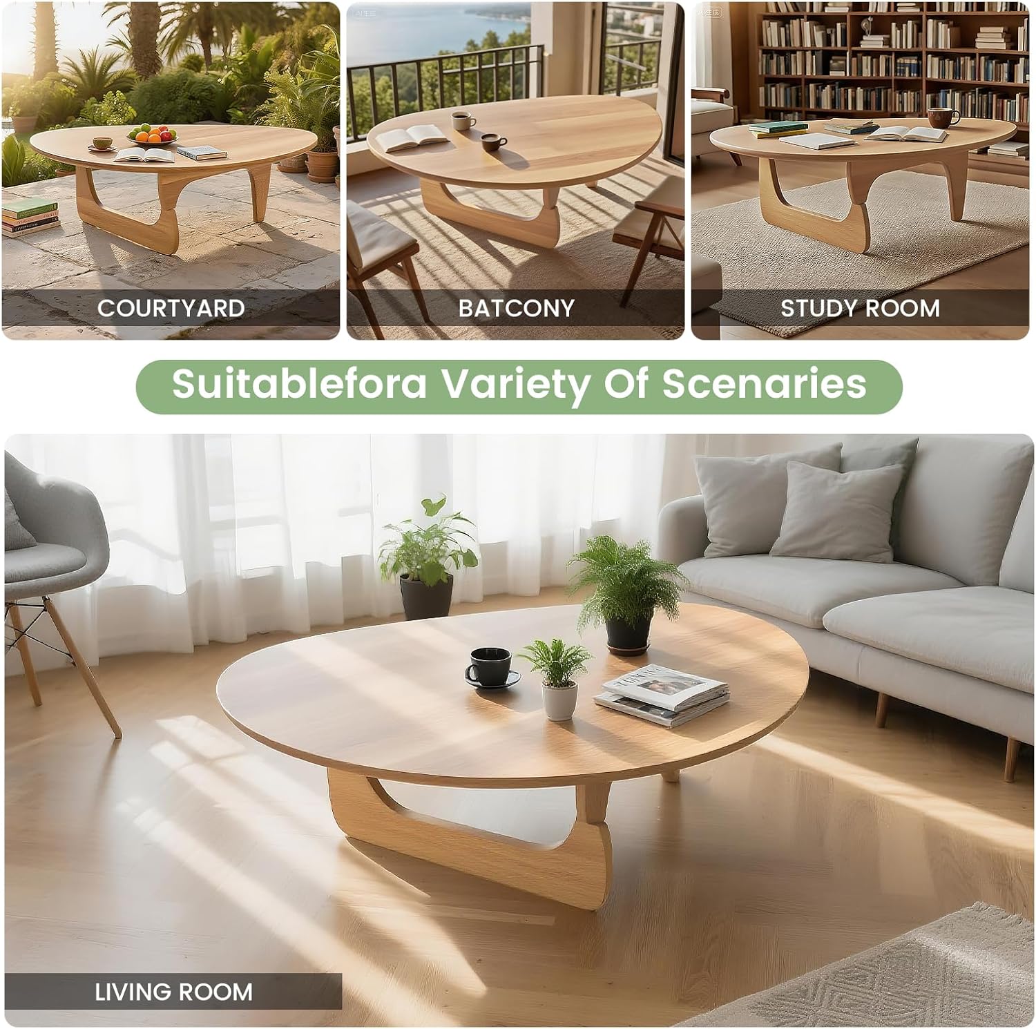 Solid Wooden Modern Triangle Coffee Table: Unique Funky Coffee Tables for Living Room, Oval Mid-Century Irregular Abstract Tea Tables for Patio Office Balcony Bedroom (Natural, 33" L x 22" W x 16" H)