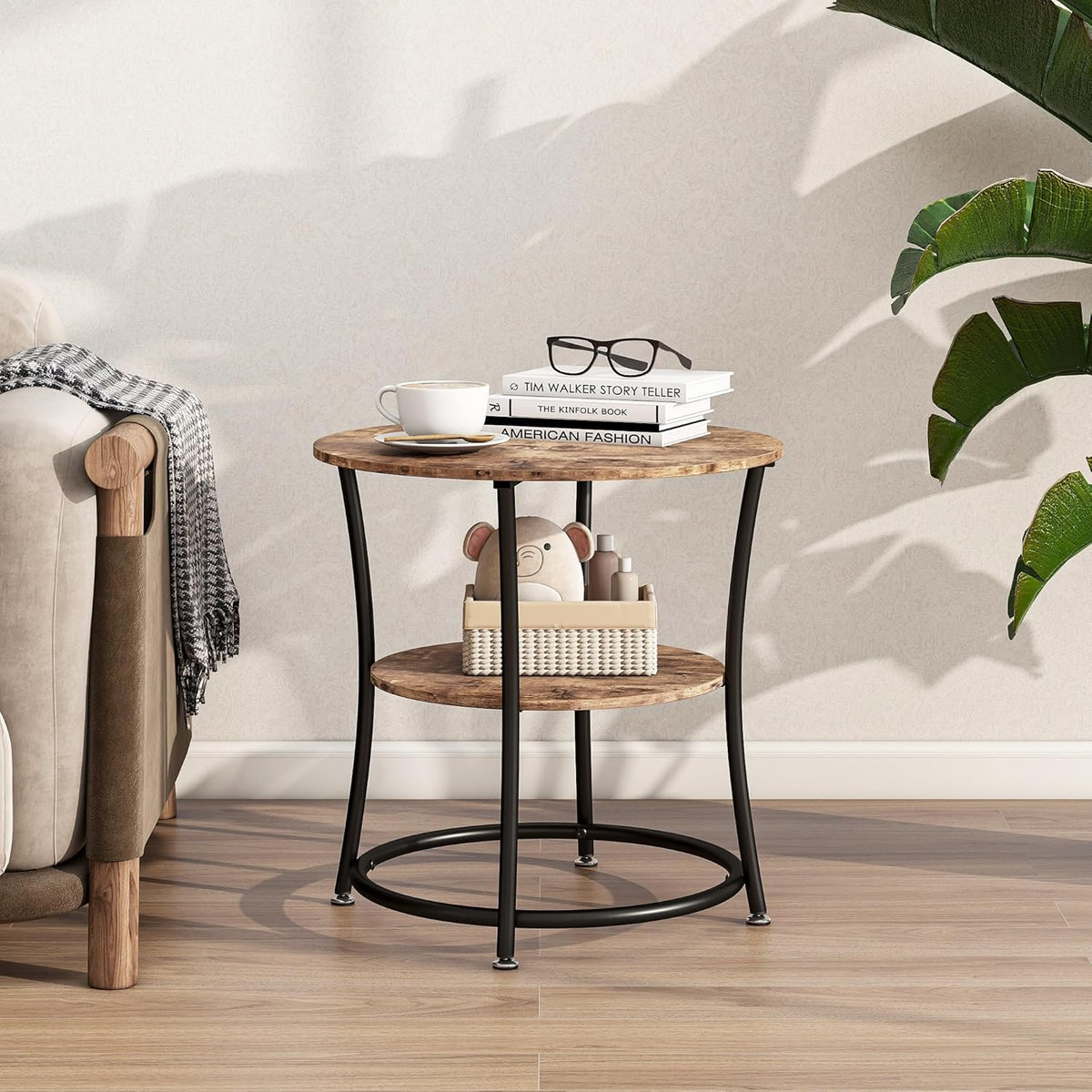 BOFENG Side Table,Round End Table with 2 Storage Shelves for Living Room, Bedroom,Small Spaces,Coffee Table Nightstand with Sturdy Metal Frame,Easy Assembly,Rustic Brown