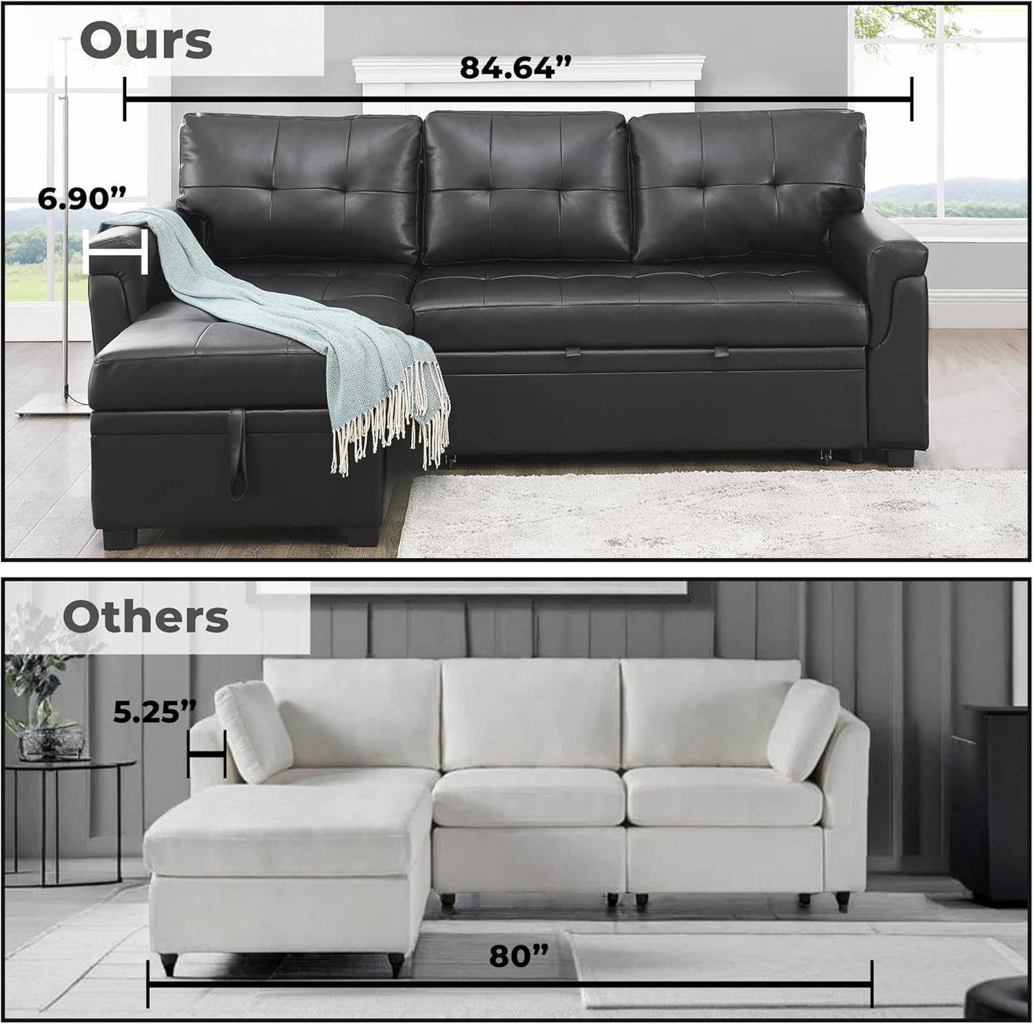 Naomi Home Jenny Sectional Sofa Sleeper with Storage Chaise, Tufted Pull Out Couch with Storage, Sectional Bed, L-Shaped Reversible Sleeper Sofa, Black,Air Leather