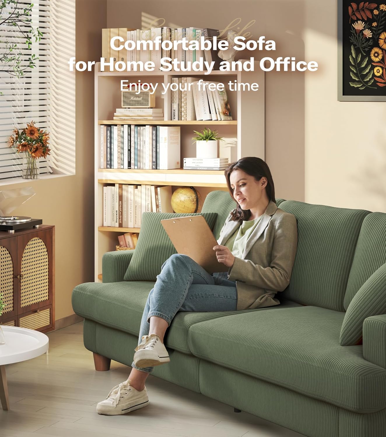 Kidirect 87in Green Sofa, Couches for Living Room 21in Extra Deep Seats, Comfy Corduroy Sofas for Living Room No Tool Assembly, Modern Oversized Love Seat with 2 Pillows, Sofa Couch for Bedroom