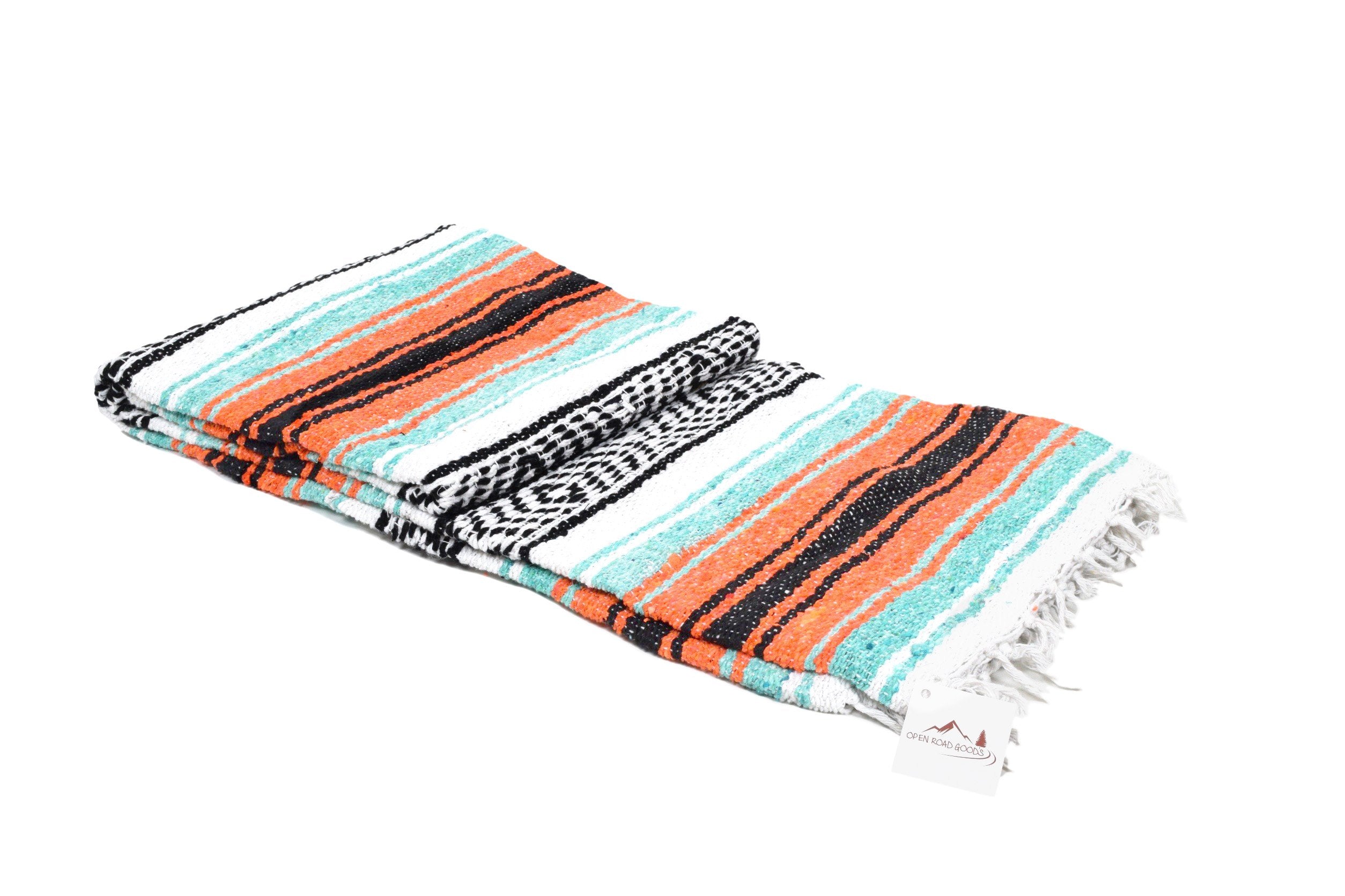 Open Road Goods Mehrfarbige mexikanische Falsa-Decke - Handgewebt in Mexiko - Ideal für den Strand, Picknicks, Yoga oder als Überwurf! (Minze/Orange)
