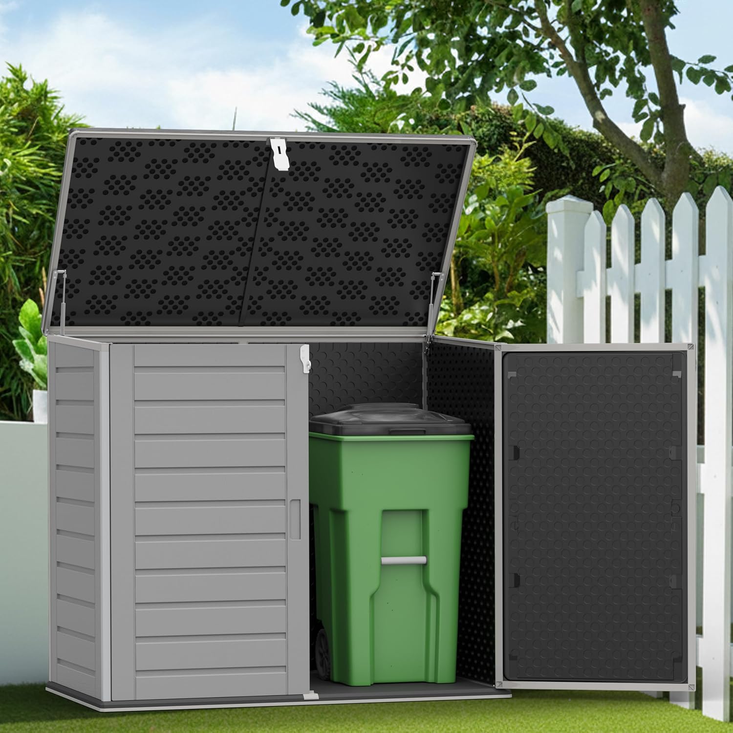 Outdoor Trash Can Storage Shed 4.6 x 4.1 FT, 304 Gallon Resin Shed with Lockable Doors & Lift Lid, Waterproof Outdoor Storage for Garden Tools, Cushions & Patio Equipment