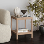 Nathan James Sonia Boho Round Accent End Table, Natural Sofa Side Table in Light Wood with Rattan Storage Shelf for Living Room, Bedroom or Nursery, Light Brown