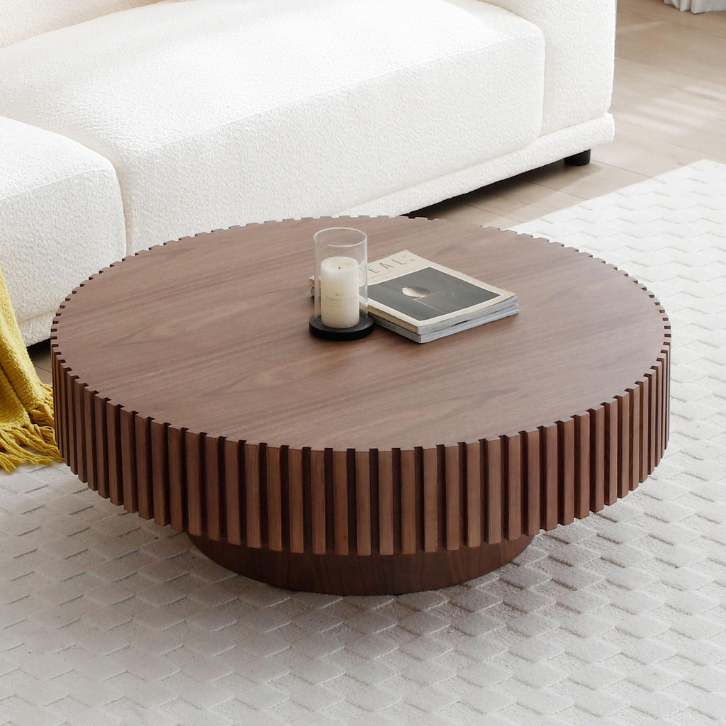 Round Coffee Table for Living Room Contemporary Wood Circle Fluted Coffee Table for Apartment, Easy Assembly ø31.49'', Wood Oak