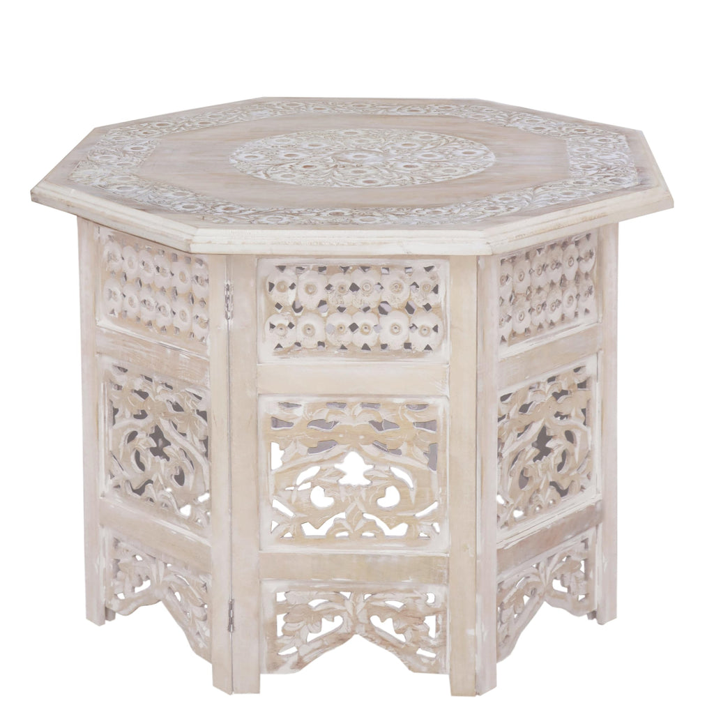 COTTON CRAFT Solid Wood Coffee Table - Hand Carved Vintage Boho Folding Side Table - Small Spaces Entryway Family Room Accent Table Living Room End Table - No Tools Assembly - Octagon 28 in x 18 in H