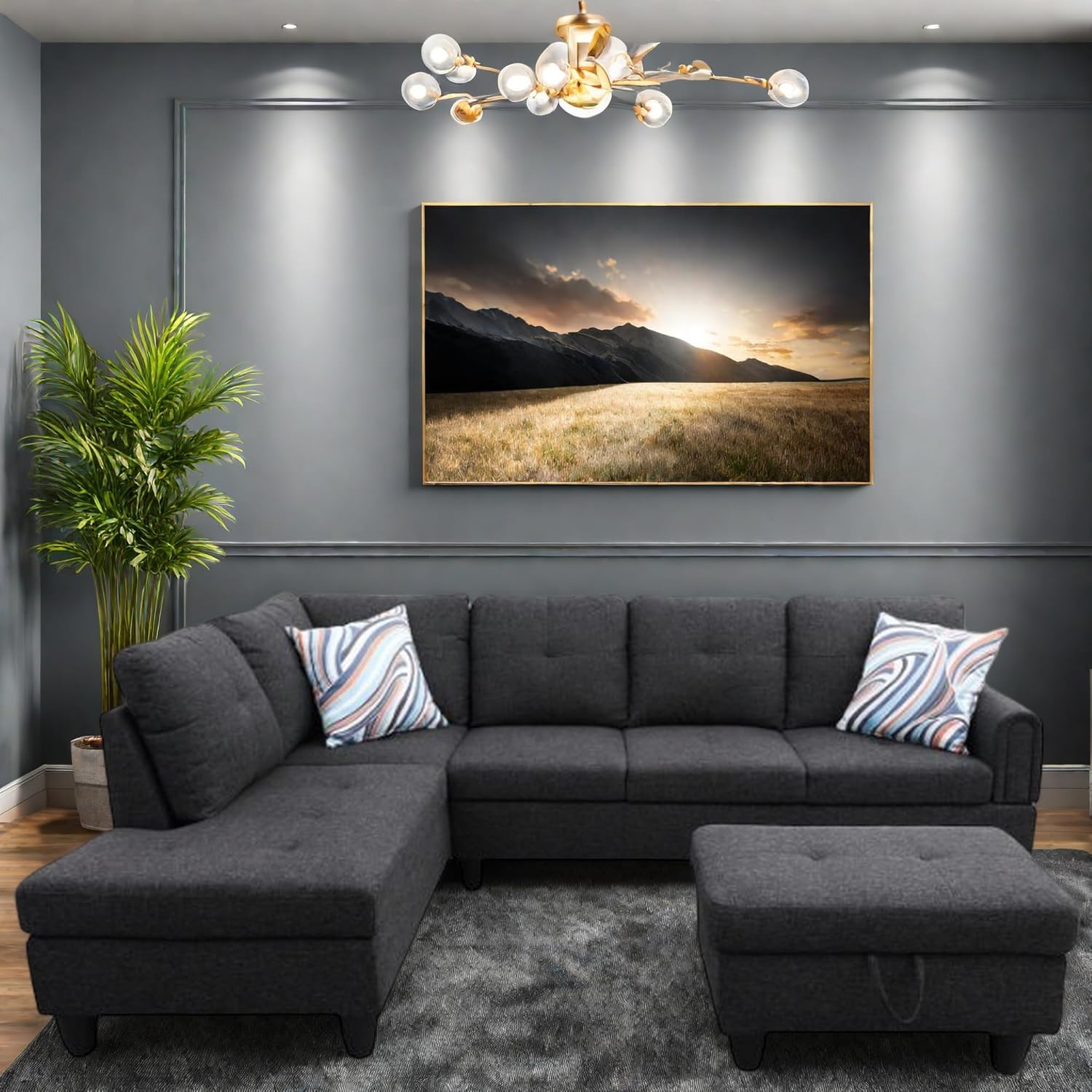 L Shaped Couch, Lounge Sectional Sofa with Chaise for Living Room, 6 Seat Modern Modular Couches with Movable Storage Ottoman, Black Grey