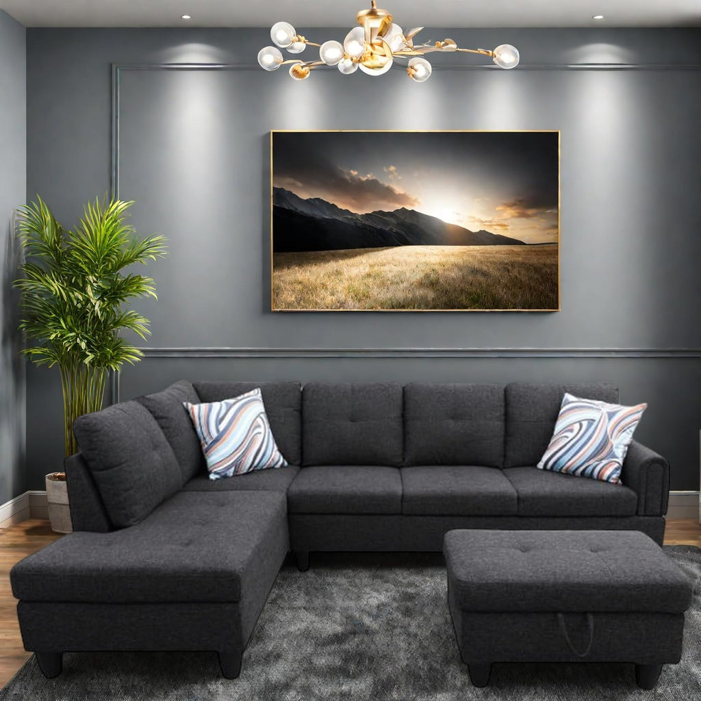 L Shaped Couch, Lounge Sectional Sofa with Chaise for Living Room, 6 Seat Modern Modular Couches with Movable Storage Ottoman, Black Grey