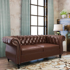 2 Piece Living Room Set, Chesterfield Leather Sofa Couch Chair with Scroll Arms and Nailhead for Living Room, Office (Dark Brown)