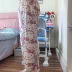 Kawaii Pajamas Pants for Women Girls Cute Cat Anime Cartoon Print Fashion Sleep Pajama Pants Comfy Loungewear (L)