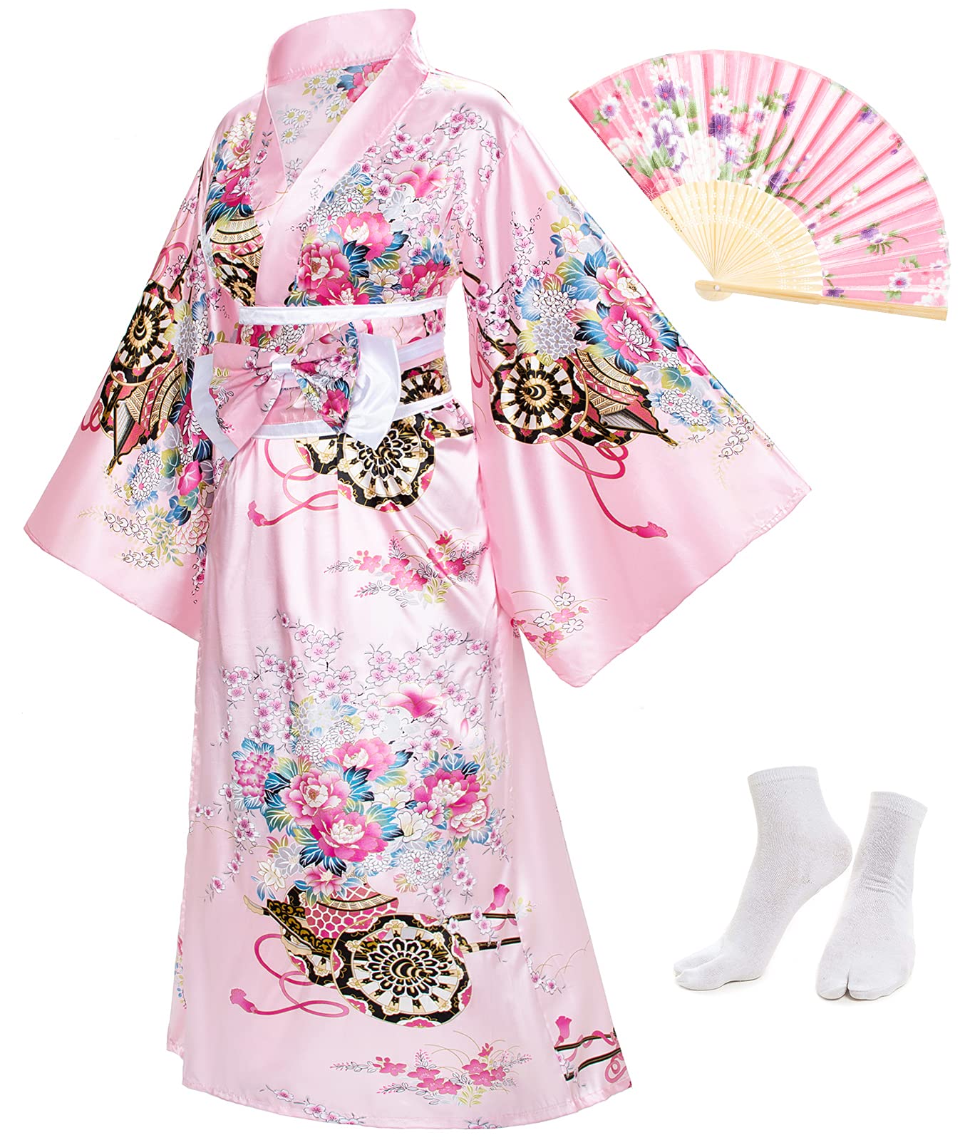 Japanese Anime Women's Kimono Robe Geisha Yukata Sweet Dress Blossom Satin Bathrobe Sleepwear Fans Tabi Socks Set