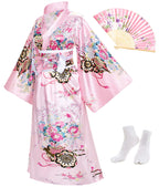 Japanese Anime Women's Kimono Robe Geisha Yukata Sweet Dress Blossom Satin Bathrobe Sleepwear Fans Tabi Socks Set