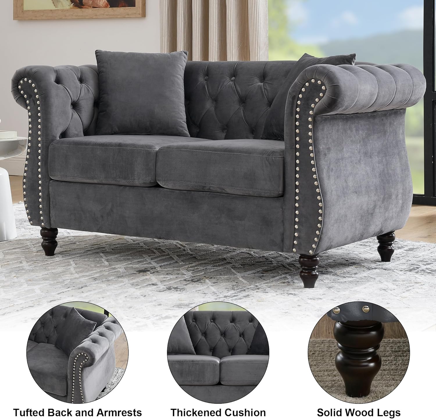 59" Chesterfield Loveseat Velvet Sofa for Living Room,2-Seater Sofa Tufted Couch with Two Pillows,Rolled Arms and Nailhead for Living Room, Bedroom, Office Grey