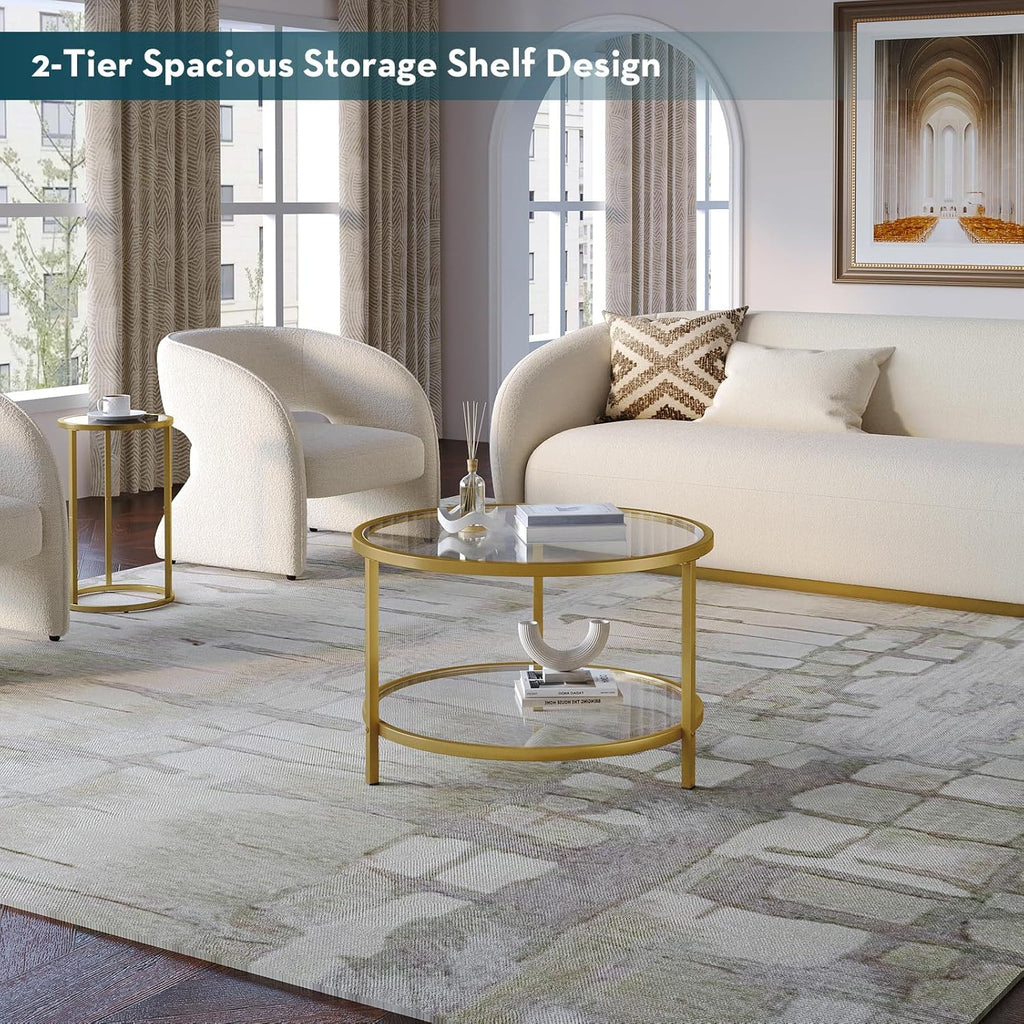SAYGOER Round Glass Coffee Table 2 Tier Coffee Tables with Storage Shelf for Large or Small Space Modern Simple Center Table with Gold Frame for Living Room Home Office, Easy Assembly…