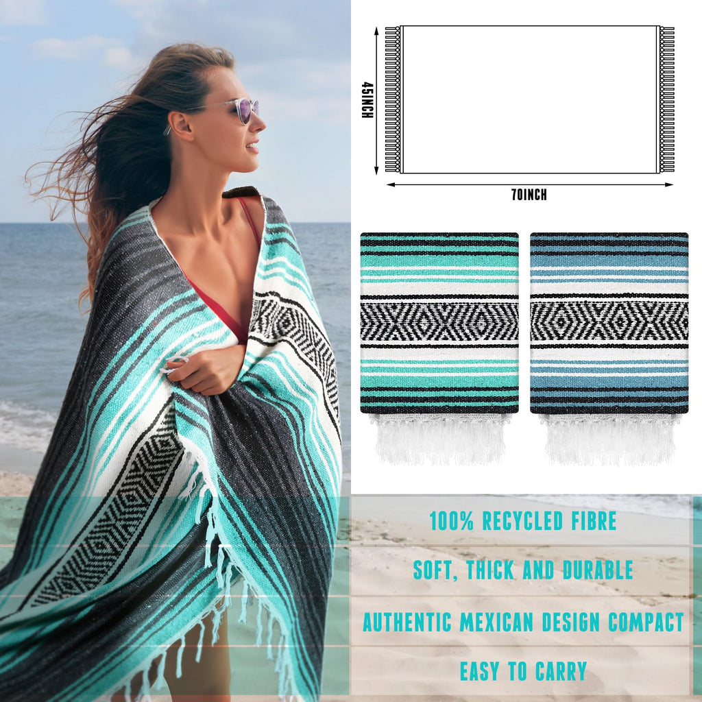 Preboun 4 Pcs Large Mexican Yoga Blanket Pack 45 x 70 Inch Thick Woven Camping Picnic Beach Car Travel Throw Blanket Outdoor Patio Mat Towel(Sky Blue, Light Green)