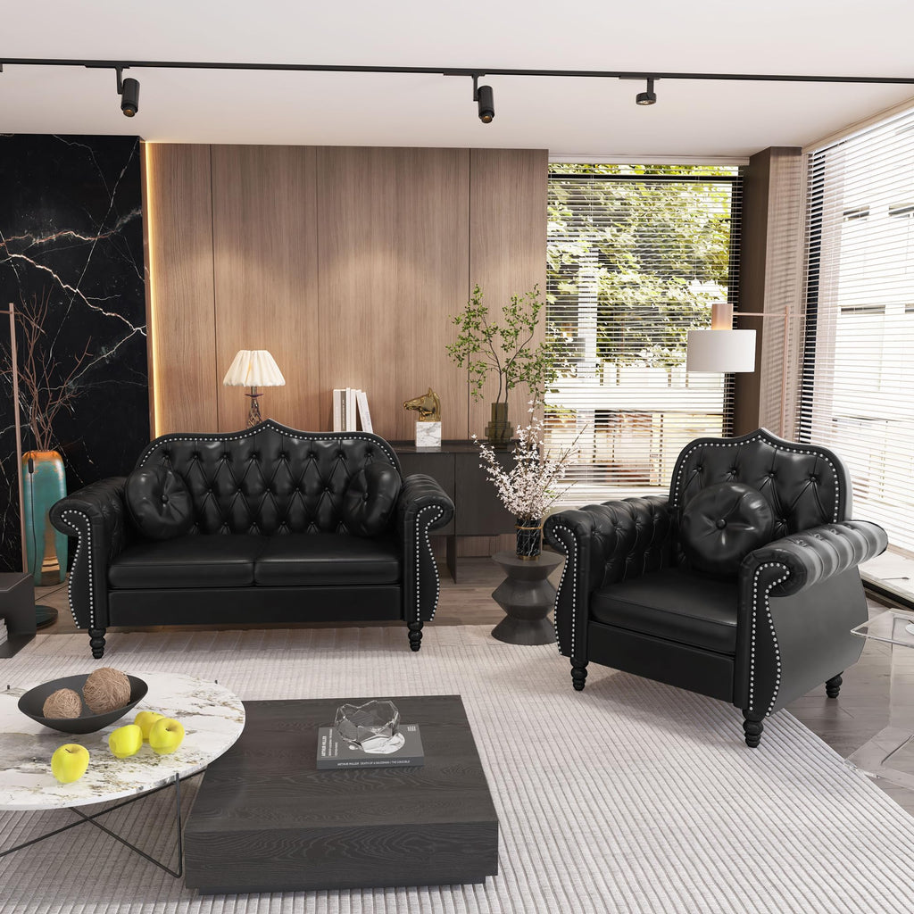 AVZEAR 82" Three Seater Leather Sofa, Chesterfield Sofa, Mid-Century Modern PU Upholstered Sofa Couch, Deep Button Tufted Living Room Sofa with Two Throw Pillows, Black