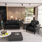 AVZEAR 82" Three Seater Leather Sofa, Chesterfield Sofa, Mid-Century Modern PU Upholstered Sofa Couch, Deep Button Tufted Living Room Sofa with Two Throw Pillows, Black