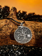 HAQUIL Viking Necklace, Sun Crescent Moon Yggdrasil Ouroboros Jormungandr Midgard Serpent Pendant, Faux Leather Cord, Viking Jewelry Gift