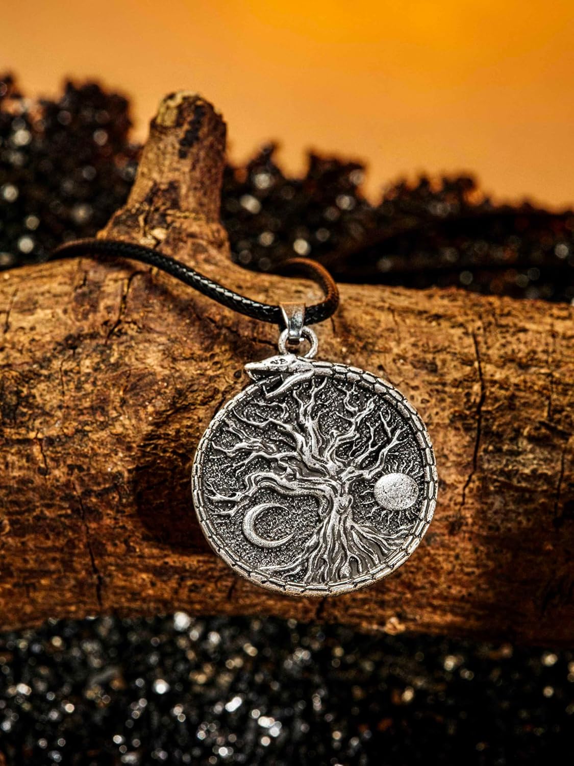 HAQUIL Viking Necklace, Sun Crescent Moon Yggdrasil Ouroboros Jormungandr Midgard Serpent Pendant, Faux Leather Cord, Viking Jewelry Gift