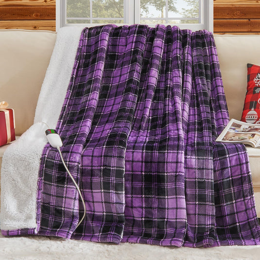 Heated Blanket Electric Throw, 50X60, Heating Throw with 10 Heating Levels/8 Hours Auto Off, Navy Blue Plaid Checkered Sherpa Blanket Warmer for Adults, Washable Blanket Gift for Couch Bed Office, ETL