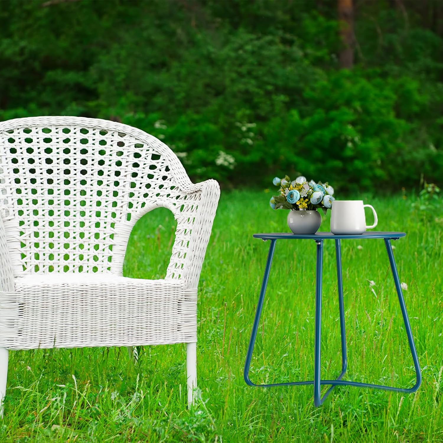 danpinera Outdoor Side Tables with Flower Cut Outs, Weather Resistant Steel Patio Side Table, Small Round Outdoor End Table Metal Side Table for Patio Yard Balcony Garden Navy Blue