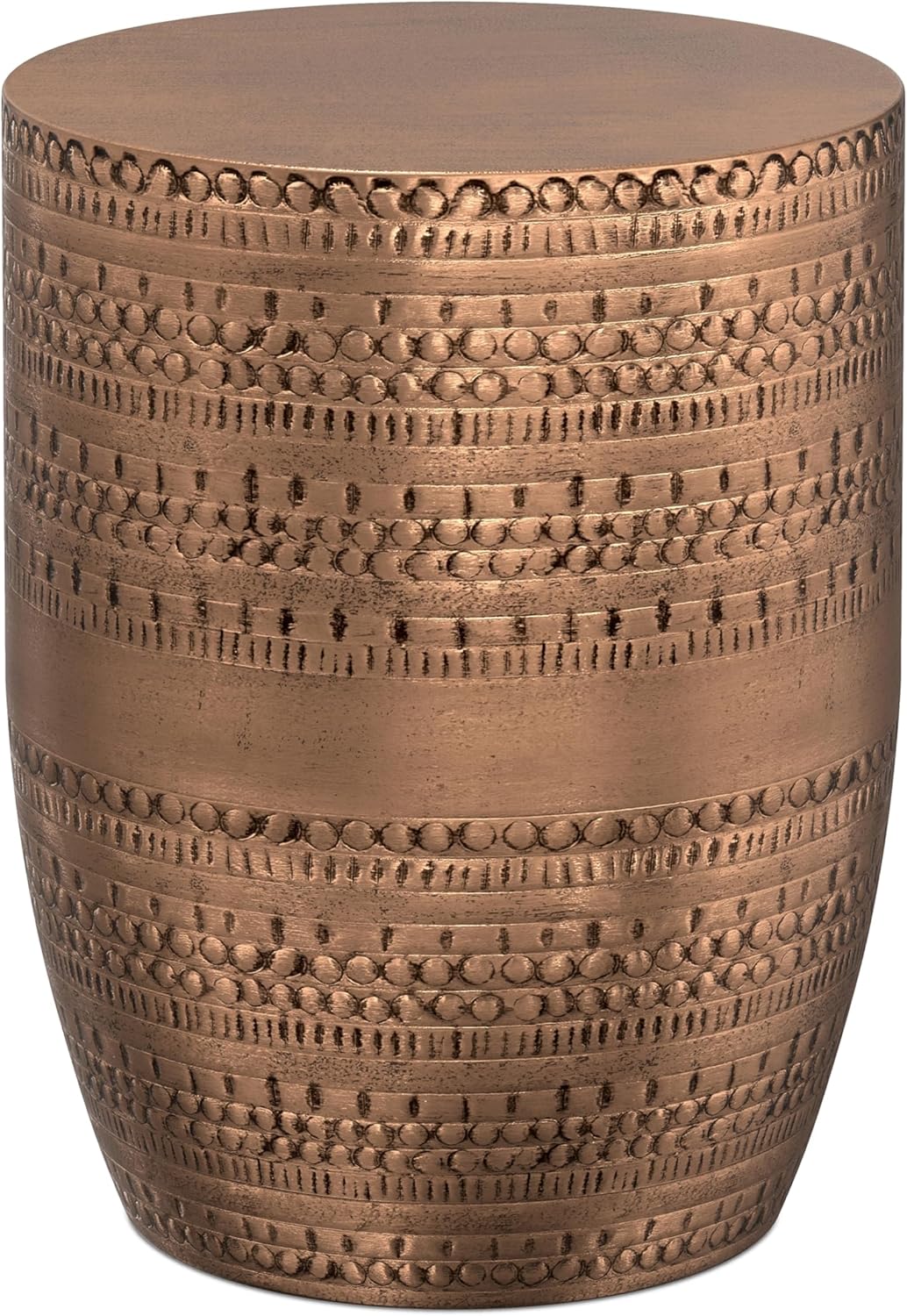 SIMPLIHOME Johnsen Metal Table - 15 inch Wide Solid Iron Drum Accent Table in Antique Copper with Tribal Pattern, Round Boho End Table for Living Room, Bedroom, or Home Office, Fully Assembled