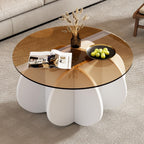 Glass Coffee Table, Mid Century Modern Design, 31.5'' Modern Round Tempered Glass Coffee Tables for Living Room, Cocktail Table for Small Space Home Office. (White + Brown)