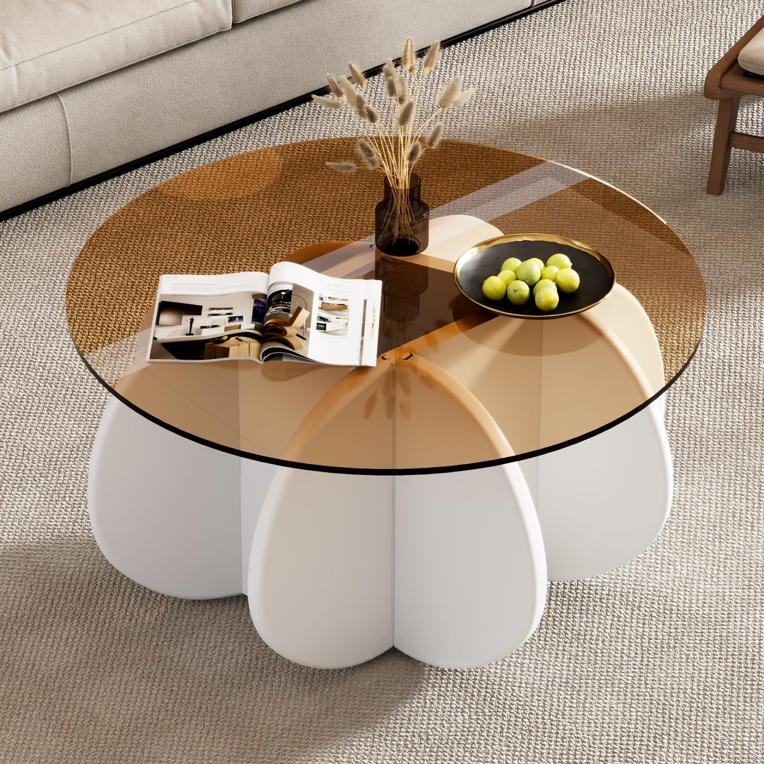 Glass Coffee Table, Mid Century Modern Design, 31.5'' Modern Round Tempered Glass Coffee Tables for Living Room, Cocktail Table for Small Space Home Office. (White + Brown)