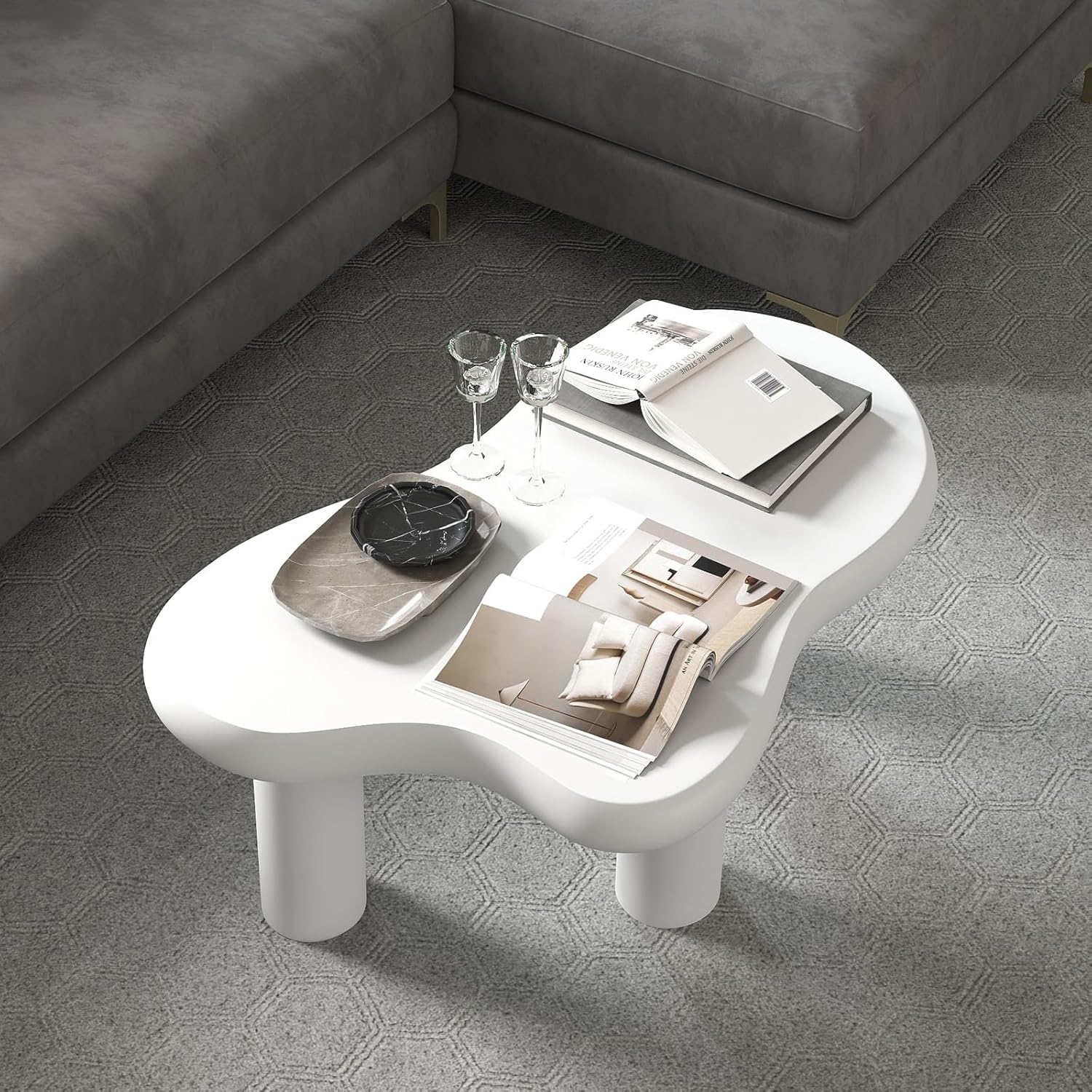 HollyHOME Cloud Coffee Table, Unique Design Accent Table for Living Room and Bedroom, Stylish and Functional Furniture Piece-Durable and Easy to Clean, Free Shape with 3 Legs, 33.9in, Cream White