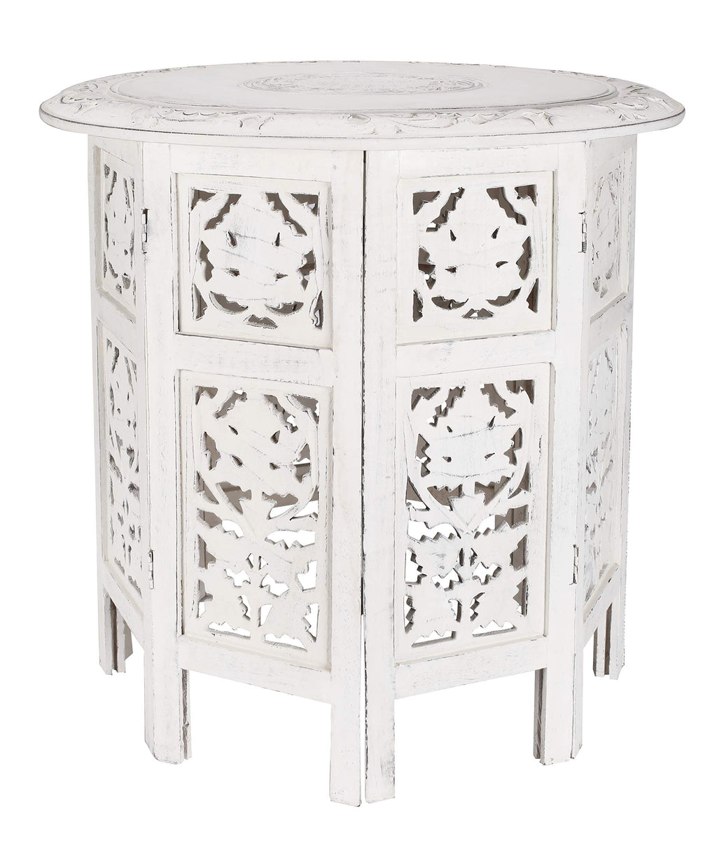 Wooden End Table for Living Room - 18x22 Burnt Finish Carved Side Table, Single Pillar Nightstand, Bedside Table for Books, Plants, Magazines, Small Space Accent Table