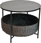 happimess SAT2000B Carly 24.21" Modern Coastal Round Acacia Wood/Water Hyacinth Coffee Table with Storage Basket, Table for Living Room and Bedroom, Black