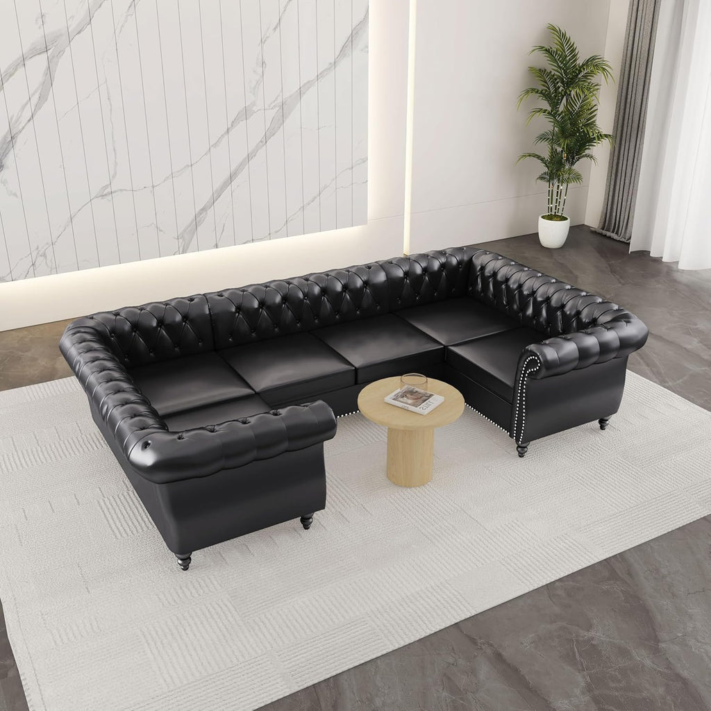 AVZEAR 3 Pieces Sectional U-Shaped Sofa, Leather Modular Sectional Couches Chesterfield Sofa Set, Modern Living Room Furniture Sets Upholstered Couch Set for Living Room, Office and Apartment, Black