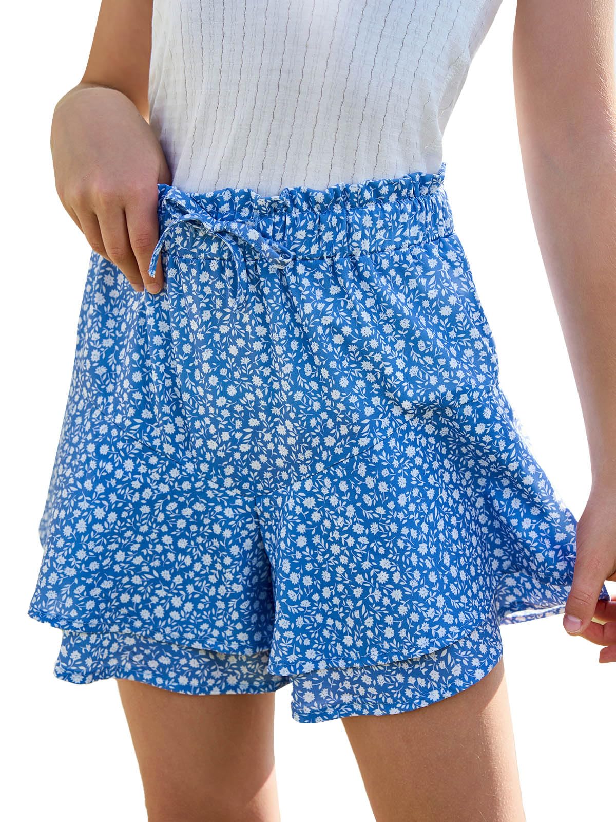 Pige blomstrede nederdele Børnemode elastisk høj talje flæse flydende shorts med snøre 5-14 år blå