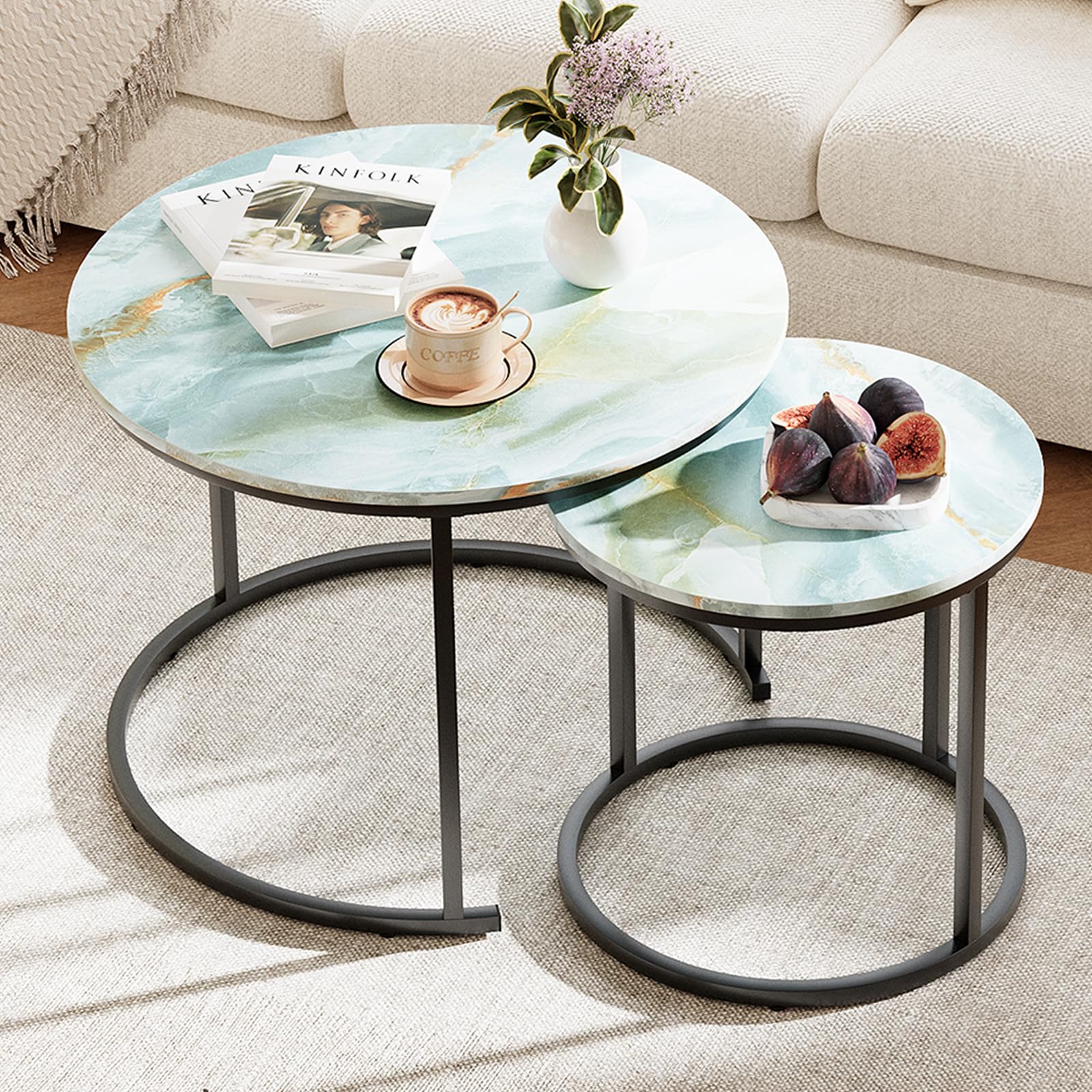 Garden 4 you Coffee Table Faux Marble Nesting Table for Small Place 2 Sets Modern Furniture Living Room Sets End Side Table Night Stand for Bed Room Dining Room (White & Gold)