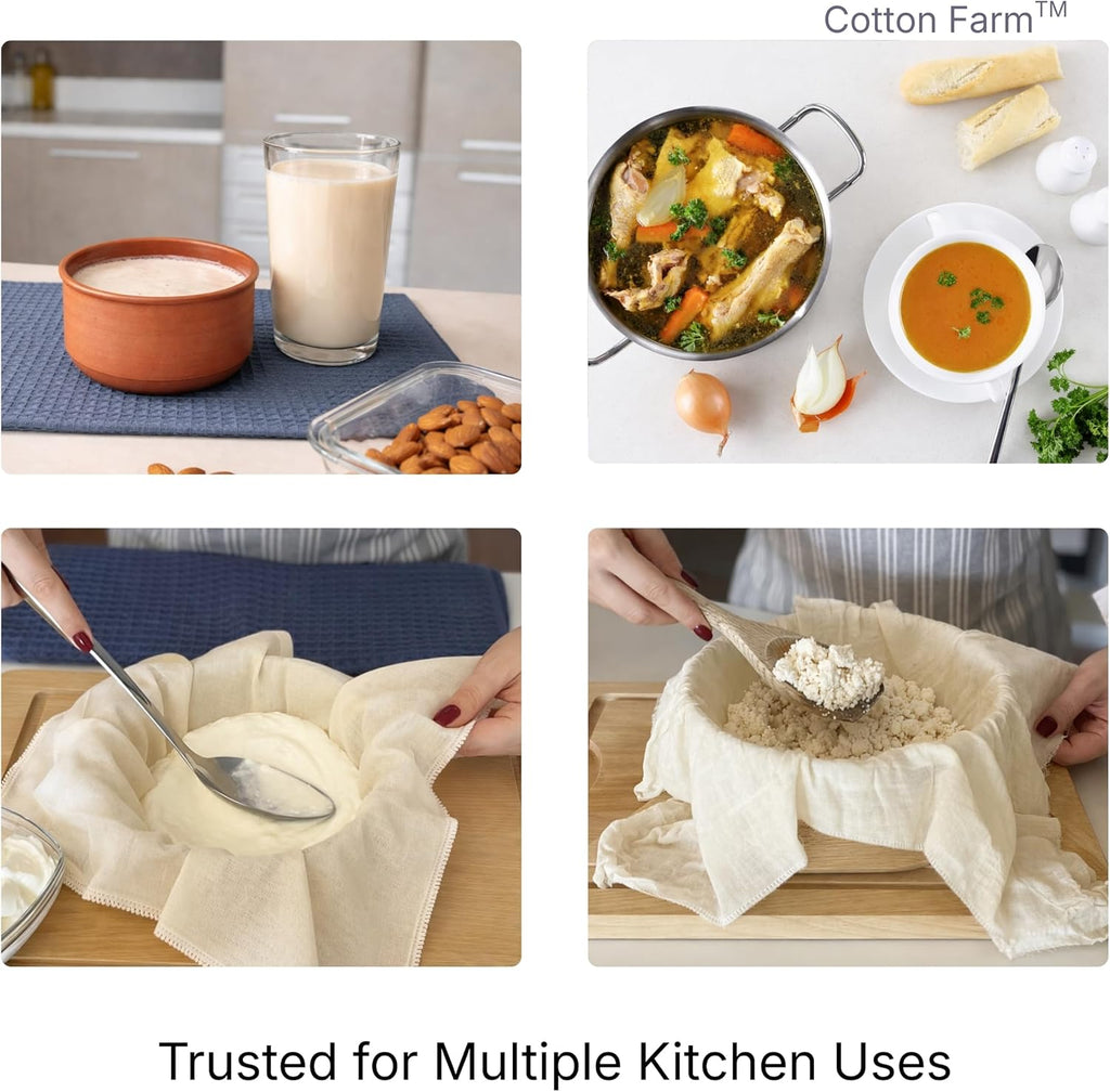 Cotton Farm Grade 100 Cheese Cloths for Straining & Cooking, 18 × 18 Inch, 100% Unbleached Cotton Cheesecloth, Butter Muslin, Finished Edge, Reusable & Pre-Washed