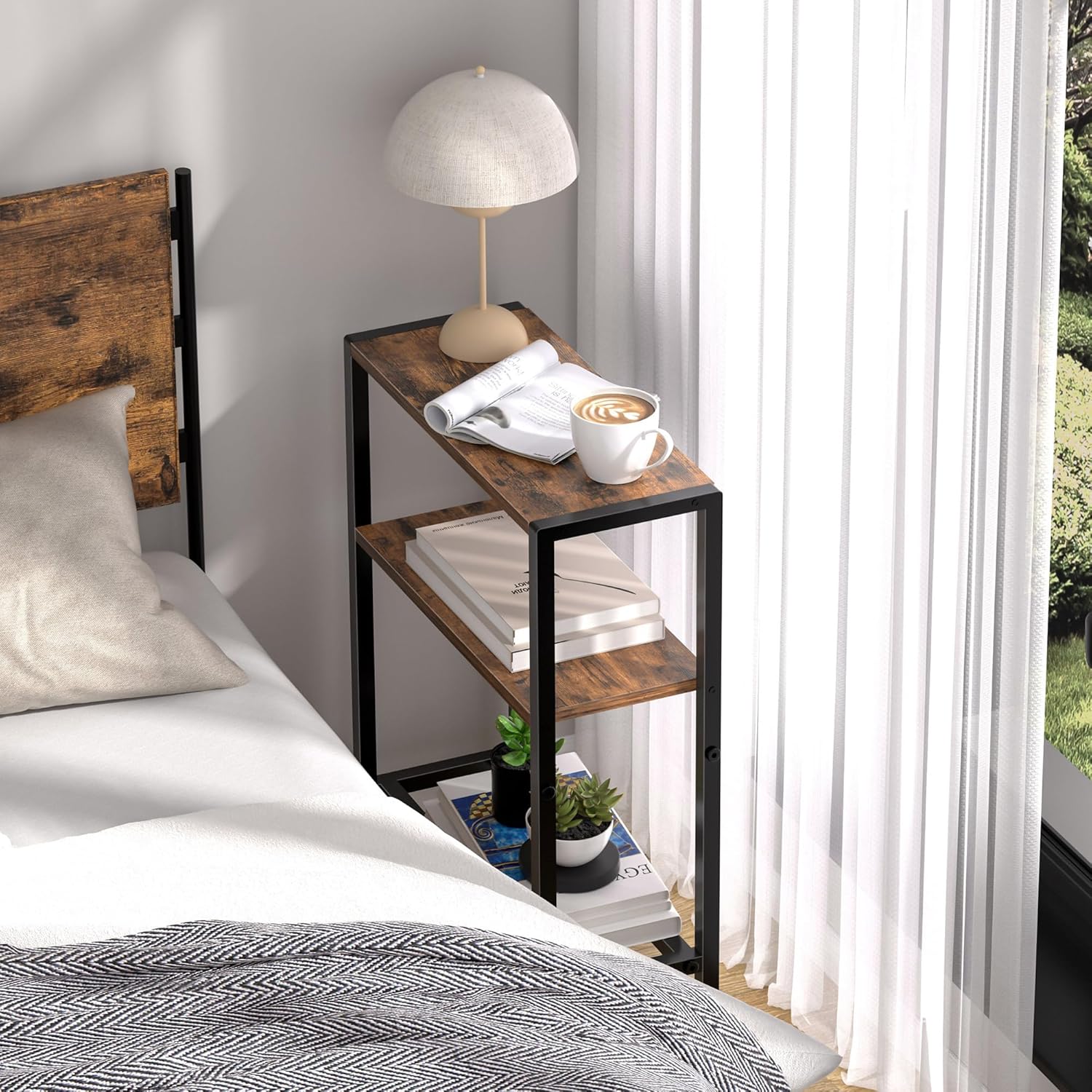 Narrow Side Table for Small Space, 2-Tier Small End Table with Shelf Holder, Slim Nightstand, Skinny Snack Couch Table in Living Room, Bedroom, Study, Kitchen and Balcony (Rustic Brown &Black)