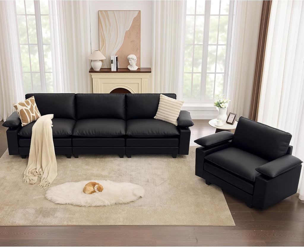 TYBOATLE 122'' Sofa Set for Living Room, Black Leather Sectional Couch with Chairs, Comfy Cloud Couch w/Adjustable Wider Armrest, Deep Seat Upholstered Modular Sofa for Office, Studio, Appartment