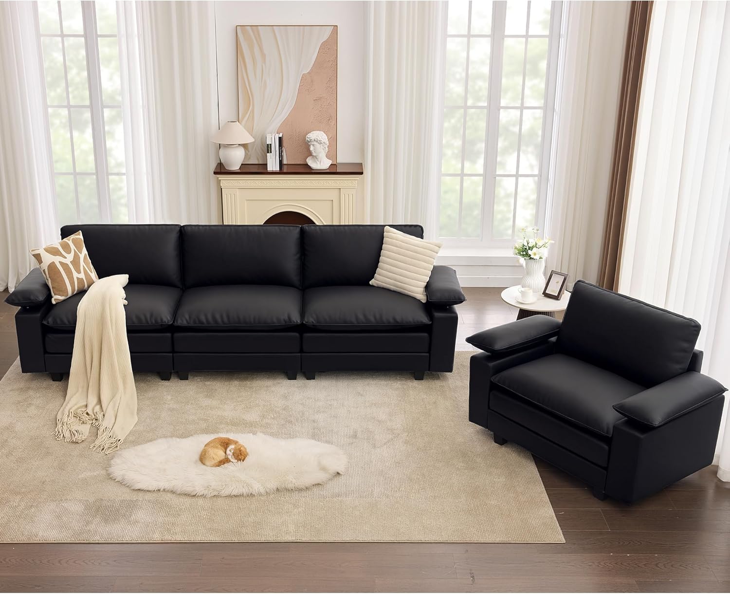 TYBOATLE 122'' Sofa Set for Living Room, Black Leather Sectional Couch with Chairs, Comfy Cloud Couch w/Adjustable Wider Armrest, Deep Seat Upholstered Modular Sofa for Office, Studio, Appartment