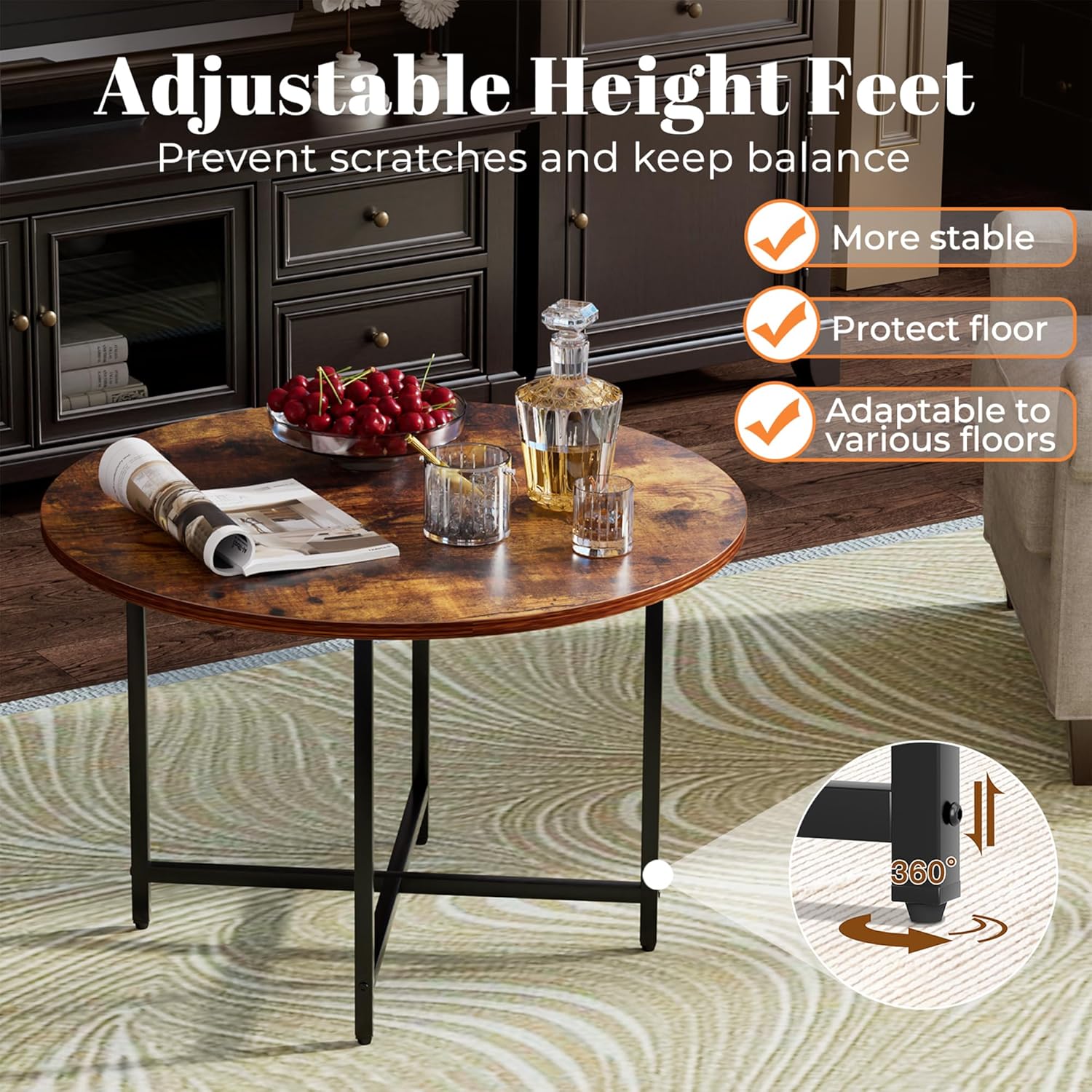 Round Coffee Table, Small Coffee Tables for Living Room, Wood Coffee Table with Metal Frame, Floor Table Desk for Sitting on The Floor, Home, Office, Farmhouse, Rustic Brown (23.6"D x 17.7"H)