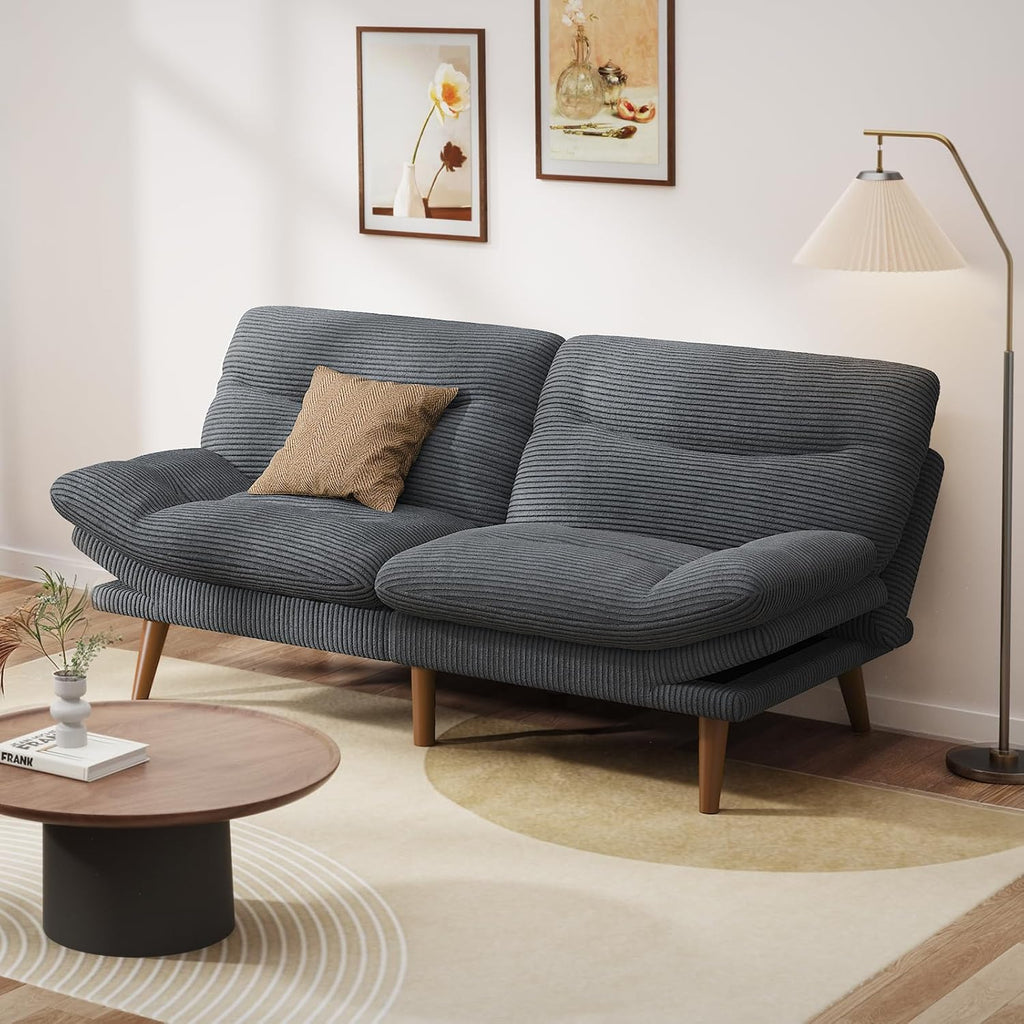 Pipishell Convertible Futon Sofa Bed,66" Corduroy Futon Couch with Adjustable Backrest and Armrests, Recliner Sleeper Sofa for Small Spaces, Play Room or Office, Grey