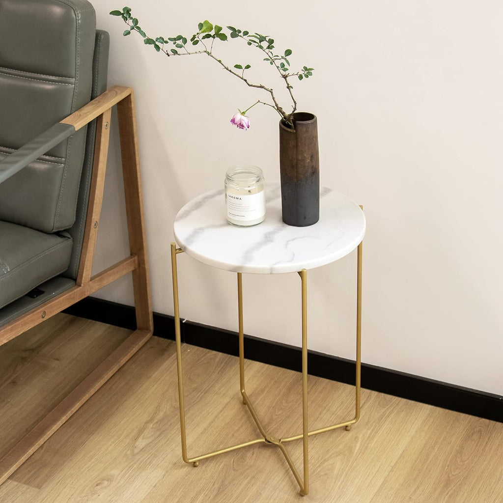 Real Marble top Gold Metal Round 15 in Side End Table with Modern Lightweiht Bedside Small Coffee Table Plant Stand for Living Room Bedroom Small Space
