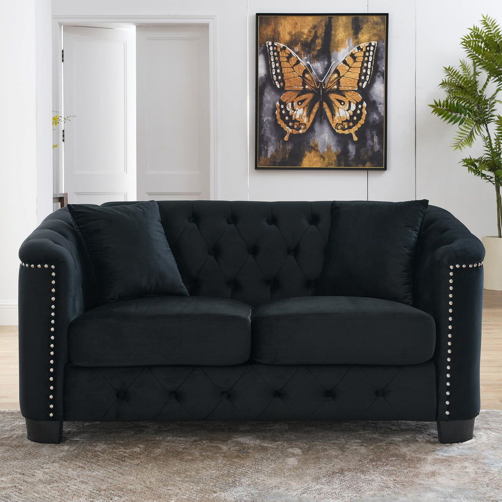 mikibama Modern Chesterfield Velvet Sofa, 77 Inch Sectional Sofa, Luxury 3 Seater Upholstered Tufted Couch with Nailhead Arms and 2 Pillows for Living Room, Bedroom, Apartment(Black)