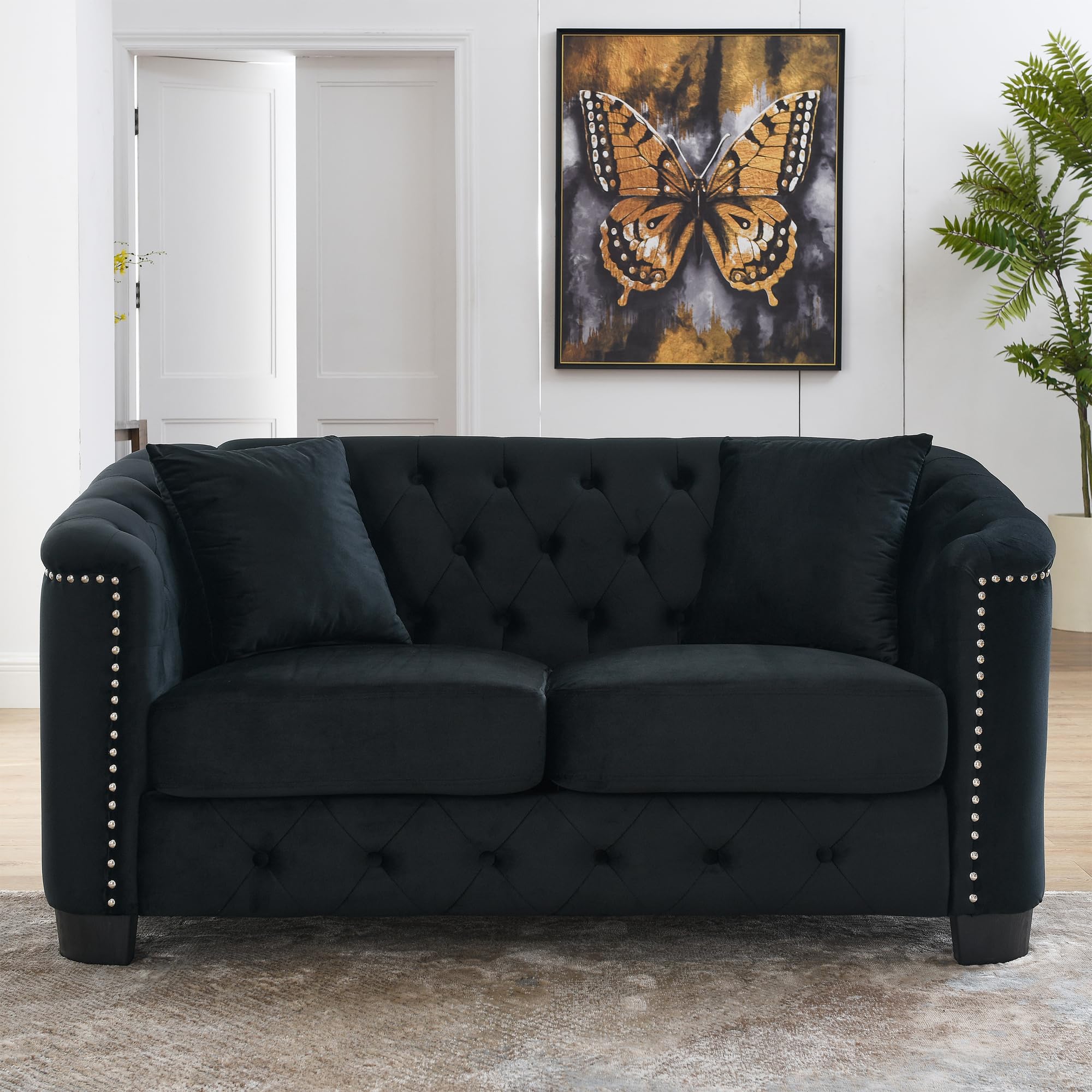 mikibama Modern Chesterfield Velvet Sofa, 77 Inch Sectional Sofa, Luxury 3 Seater Upholstered Tufted Couch with Nailhead Arms and 2 Pillows for Living Room, Bedroom, Apartment(Black)