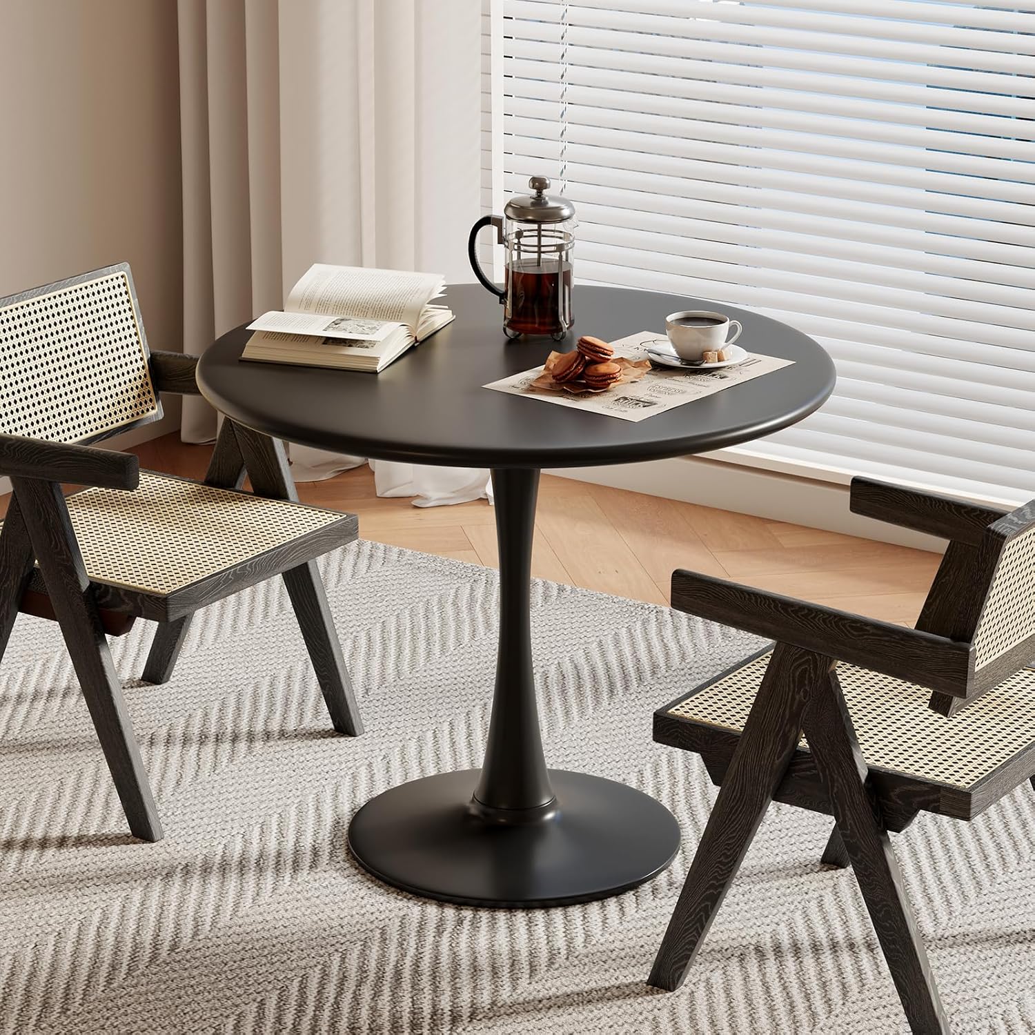 24 Inch Black Small Tulip Table, Round Dining Table for 2 Person with Pedestal for Kitchen, Circle Bistro Table, Mid Century Modern Cafe Tables for Small Spaces in Living Room, Office, Coffee,Pub, Bar