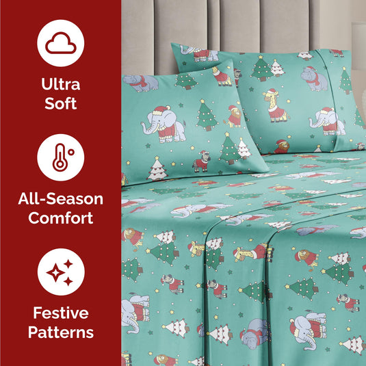 King Christmas Tree Sheet Set - Holiday Xmas Pattern Linen Set - Deep Pockets - Snug Fit - 4 Piece - Wrinkle Free - Comfy & Cooling Festive Winter Bedding - Easy To Care For - Kid Friendly